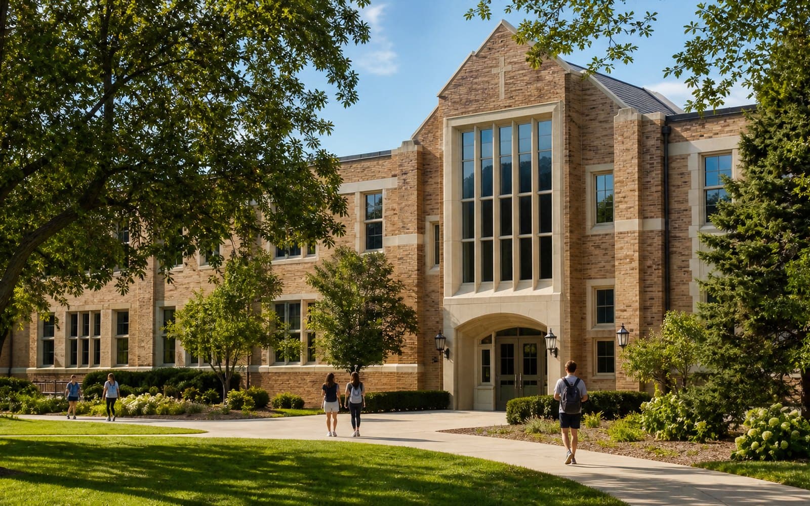 Students near the St Paul High School campus building in Oshkosh, Wisconsin