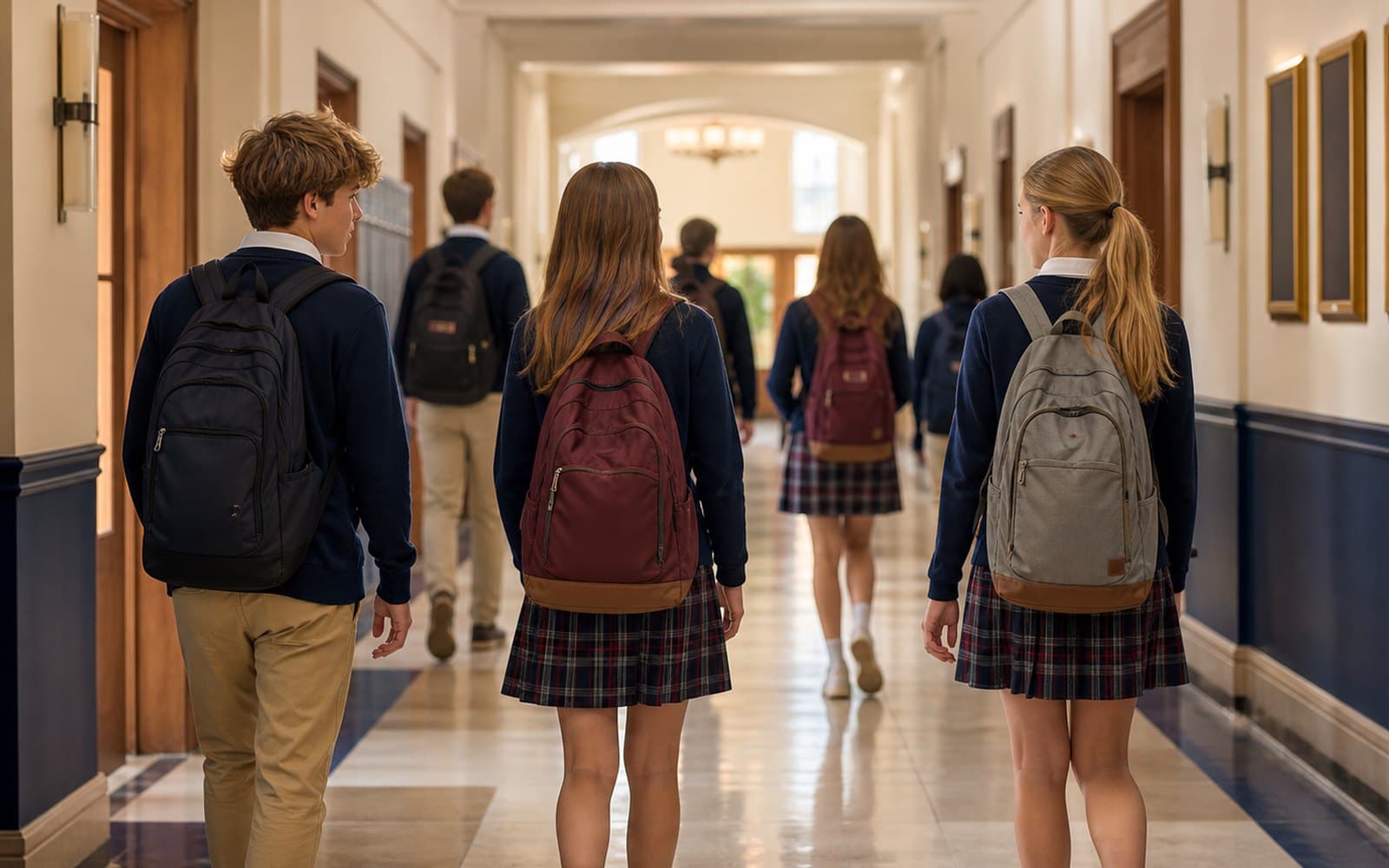 St Paul High School students walking through a school hallway
